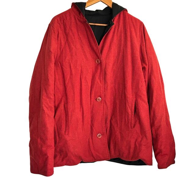 LL Bean Reversible Chore Coat M Wool Insulated Red Black Jacket L.L. Bean Hood - Picture 1 of 6